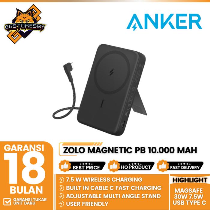 Gambar ANKER ZOLO MAGNETIC POWERBANK 10000MAH MAGSAFE 30W 7.5W USB TYPE C BUILT-IN USB-C CABLE AND ADJUSTABLE STAND - A1685 - BLACK dari GGSTORESBY undefined Tokopedia