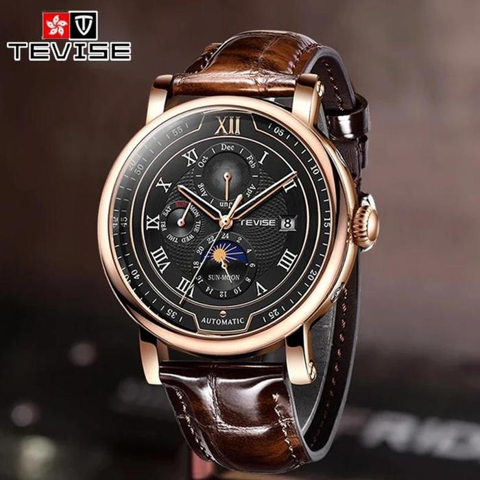 LIGE Brand TEVISE Fashion Luxury Automatic Movement Mechanical Man Watch  Waterproof Casual Sport Men's Watches Moon Phase Clocks Rose gold blue di 