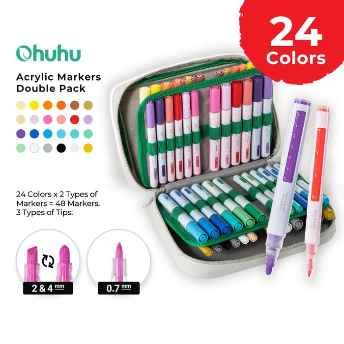 Gambar OHUHU 48 Pcs Acrylic Paint Pens Double Pack (24x2 Colors) (Fine & Reversible + Chisel & Round) Akrilik Spidol Marker Mewarnai Warna Color dari Ohuhu Indonesia undefined Tokopedia
