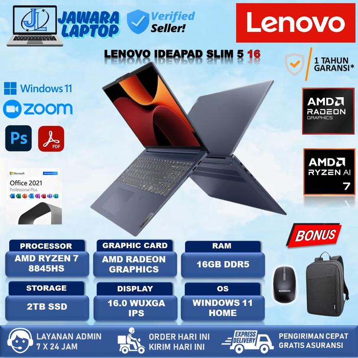 Lenovo Ideapad Slim 16 AMD Ryzen 8845HS Ram 16GB 2TB SSD WUXGA IPS  Touch Windows 11 Office 2021 16GB 1TB, TanpaBundling di Jawara Laptop 