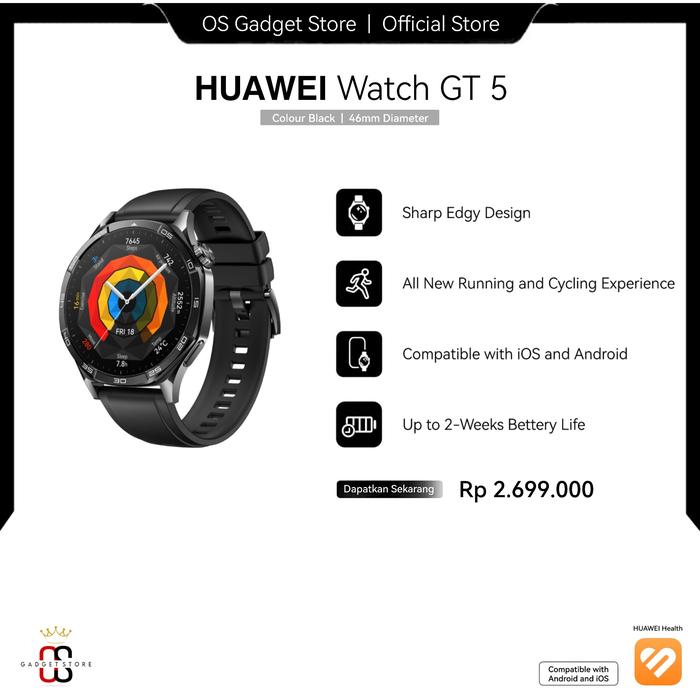 Gambar HUAWEI Watch GT 5 Series [ GT 5 | GT 5 Pro ]  |  All-New Running and Cycling Experience  |  Sharp-Edged Design  |  Up to 2-Week Battery Life - GT 5 46mm Black dari OS Gadget Store undefined Tokopedia
