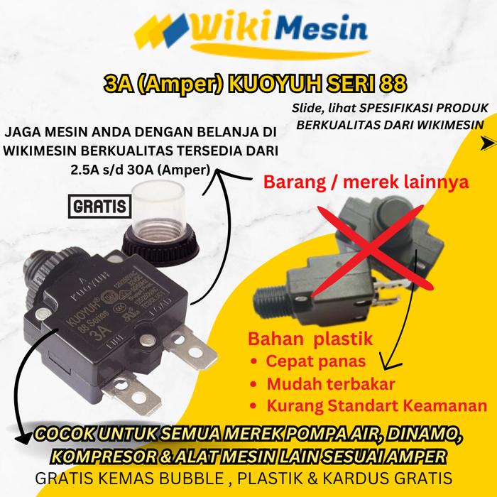 Gambar Kuoyuh ORIGINAL Overload Thermal Circuit Breaker 88 Series Push Button 2.5A-30A 125/250V AC UL1077 Tahan Panas Berkualitas Tinggi - 3A dari Overload Wikimesin undefined Tokopedia