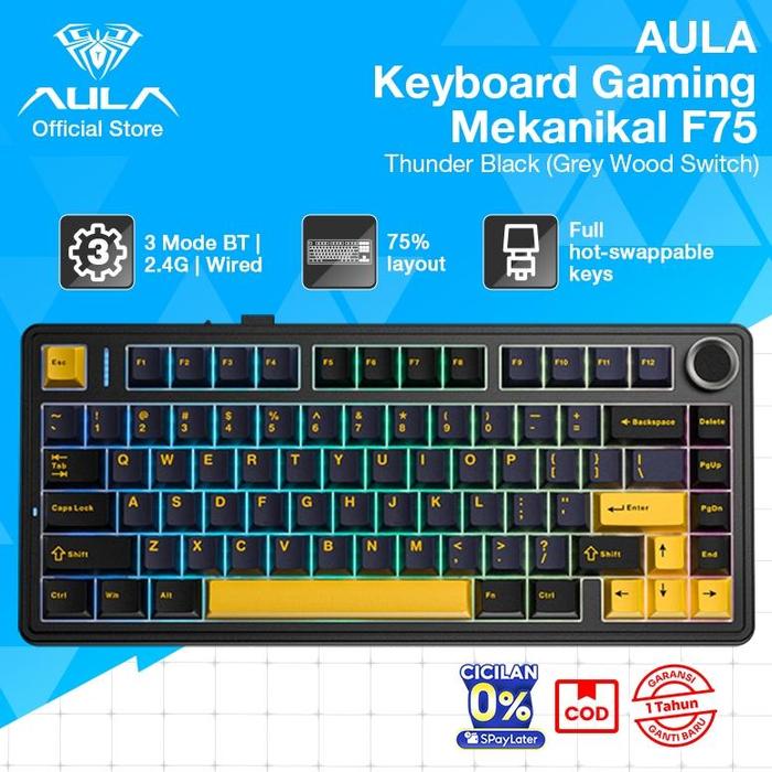Gambar Ready AULA Keyboard Gaming Mechanical 75% Layout Keyboard Mekanikal 3 Connection Wired Mode Switching Gasket F75 Compact RGB PBT Keycaps Garansi 1 Tahun - Black+Grey Wood dari syawalil undefined Tokopedia