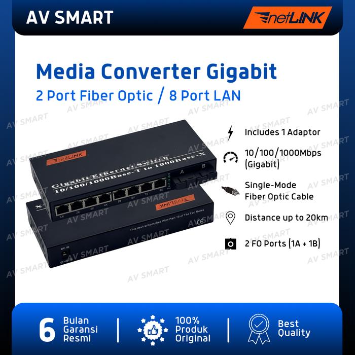 Gambar Netlink Media Converter Gigabit Fiber Optic (FO) to Ethernet (LAN) 1000Mbps - 2 FO 8 LAN dari AV SMART undefined Tokopedia