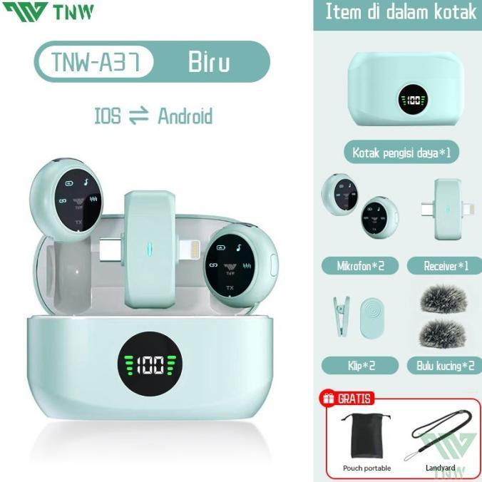 Gambar TNW A37 Wireless Microphone 2-In-1 Clip On Mic Magnetic Mikrofon HP Plug & Play Dual Lavalier Microphone with Charging Case - Hitam-A37 - Biru Muda dari khayreegea undefined Tokopedia