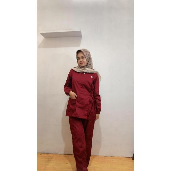 Gambar Baju Ok Jaga Model Kimono Full Set Bahan American Drill | Seragam Suster Medical Scrub Bidan Perawat Dokter Korean Style - maroon, S dari peter griin undefined Tokopedia