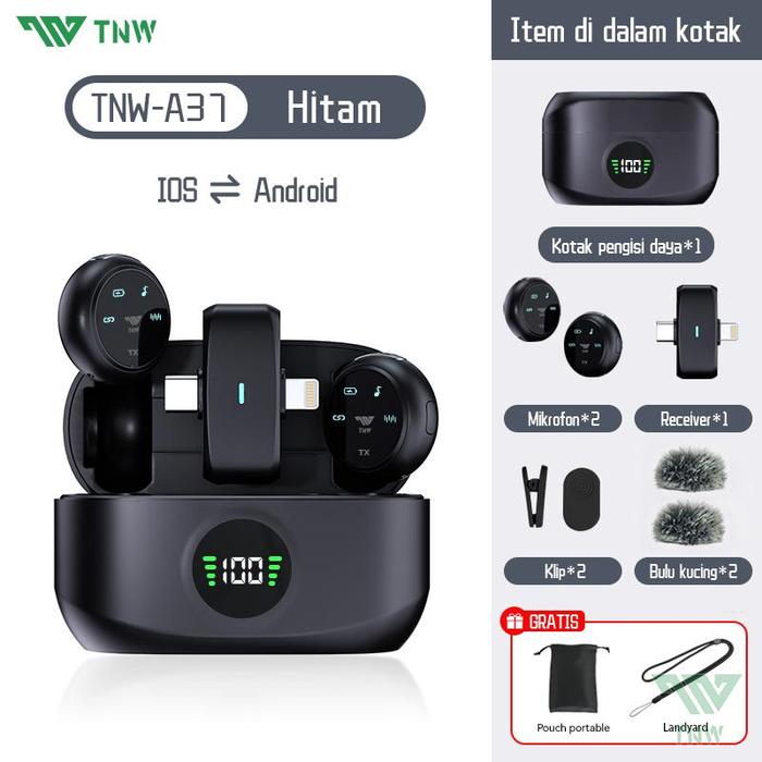Gambar TNW-A37 Wireless Microphone 2-In-1 Clip On Mic Magnetic Mikrofon HP Plug & Play Dual Lavalier Microphone with Charging Case TNW A37 - Hitam dari clickclickbdg undefined Tokopedia