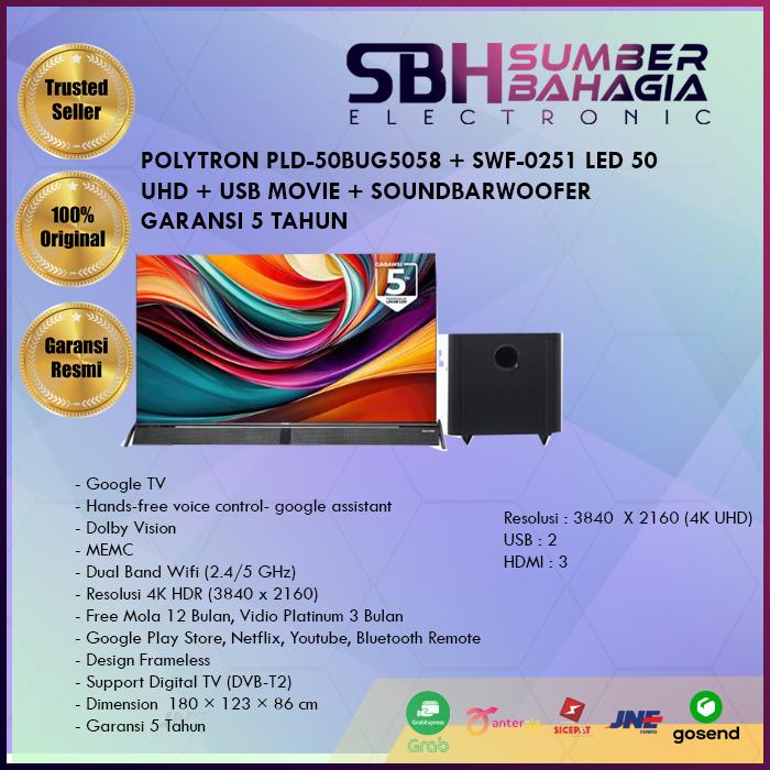 Gambar POLYTRON PLD-50BUG5058 + SWF-0251 LED 50 UHD + USB MOVIE + SOUNDBARWOOFER GARANSI 5 TAHUN (NEW) dari SumberBahagiaElectronic467 undefined Tokopedia