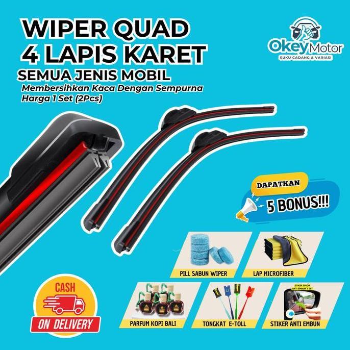 Gambar [ZM] Wiper Mobil Quad 4 Lapis Karet Universal 1 Set Kiri dan Kanan Bonus 5 Item Pembersih Kaca Depan - AGYA / AYLA dari zamzam-olshop undefined Tokopedia