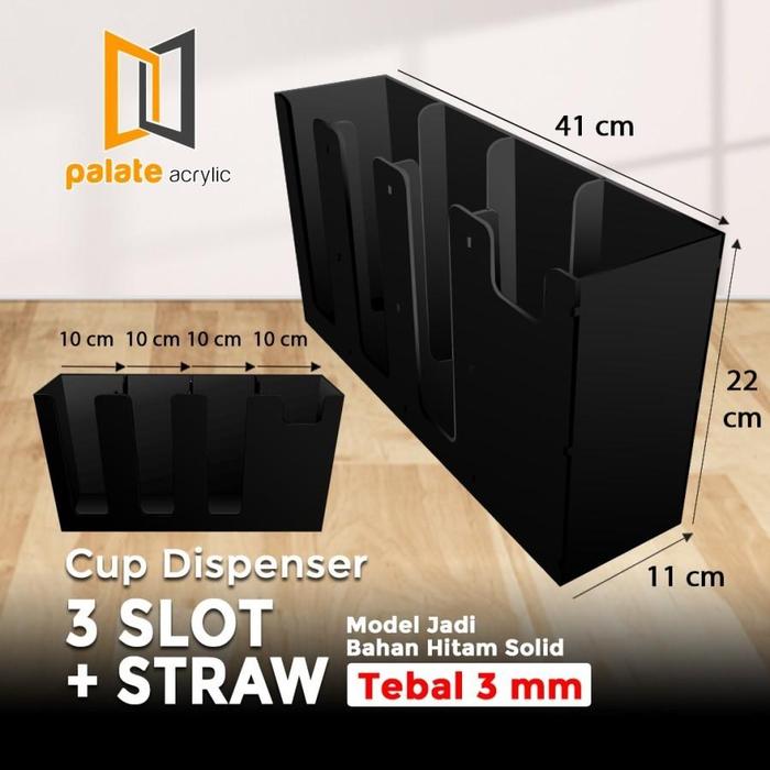 Gambar Akrilik Cup Dispenser 3 Slot+Straw Hitam Solid Tebal 3mm - Hitam dari HIEND STORE_NEW undefined Tokopedia