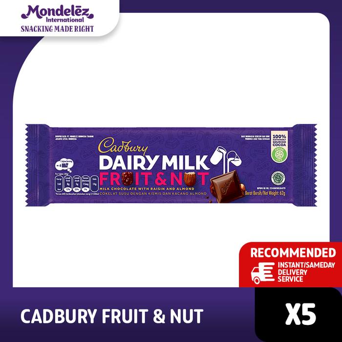 Gambar CADBURY DAIRY MILK CHOCOLATE FRUIT & NUT 62gr X 5 | Cokelat Rasa Susu Yang Lembut Dengan Buah dan Kacang dari Cadbury Indonesia undefined 2 Tokopedia