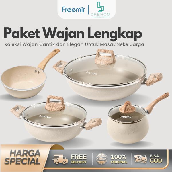Gambar [Crehom] feemir Set Wajan 4 Pcs Beige Wajan Anti Lengket Kompor Gas/Listrik/Induksi Lapisan Granit Paket Penggorengan Lengkap Peralatan Dapur Kitchenware Premium dari freemir Indonesia Store undefined Tokopedia