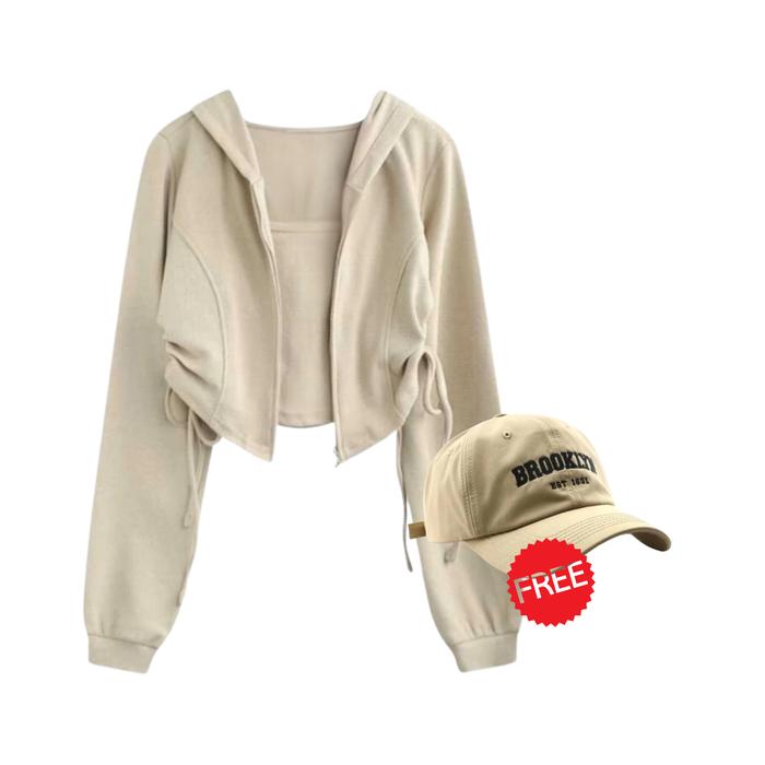 Gambar One Set Outfit Sporty Wanita Terbaru (Jaket Serut Cream, Celana Jogger Pants, Tanktop Rib) - GGO13 - Jaket Cream dari Go Gurl Outfit undefined Tokopedia
