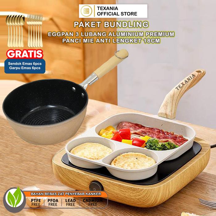 Gambar [10.10 SALE] TEXANIA Pancake Egg Omelet Frying Pan Grill Steak Cetakan Telur 3 Lubang - Panci Mie Warna - Free Sendok 6pcs Garpu 6pcs Kitchenware dari Texania house ware store undefined Tokopedia