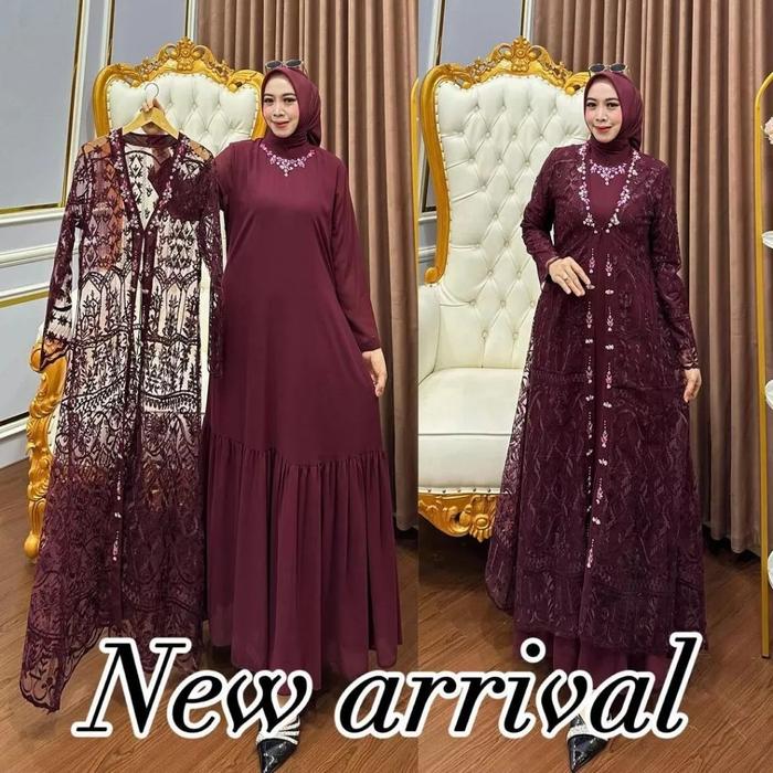 Gambar Baju Gamis Arimbi Dress Model Outer Brukat Terbaru Kombinasi Payet Bahan Ceruty Babydoll Gamis Lebaran Wanita Muslim Mewah - Burgundy, S|M dari Madinah.Fashion undefined Tokopedia