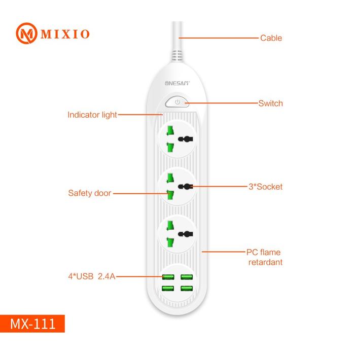 Gambar MIXIO MX-111 POWER SOCKET POWER STRIP 4USB Charger with 3 Socket 2500W - Putih dari MIXIO undefined Tokopedia