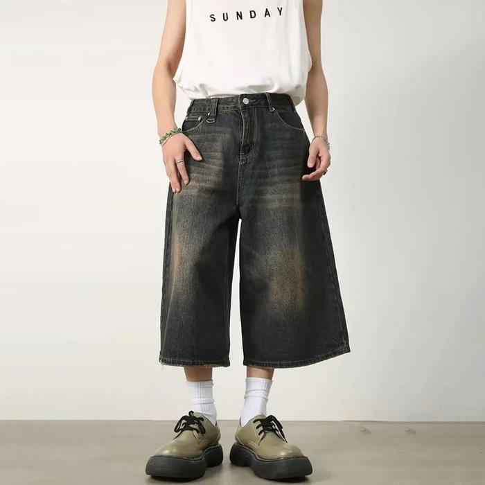 Gambar celana jeans pria kulot Retro biru baggy pants Korean style casual premium denim dewasa cowok terbaru original casual nyaman longgar pants - Retro, S=27(40-45kg) dari Keyboy.shop undefined Tokopedia