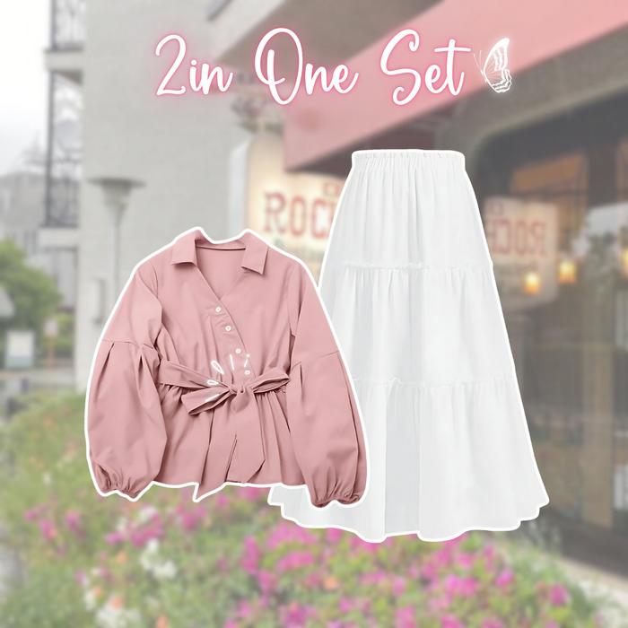 Gambar DazzelChic 3 In 1 Set AB313 - One Set Korean Style Hijab Outfit Hangout ke Pantai Setelan Wanita Kekinian Ootd Bukber Blouse Oary + Rok Susun Ruffle - one set non hijab dari dazzelchic undefined Tokopedia