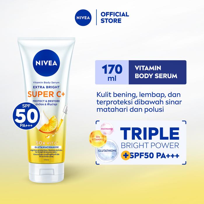 cara pakai l glutathione moist whitening lotion spf 70 NIVEA Body Serum Extra Bright Super C+ 50+ PA+++ - Mencerahkan dengan Triple Bright Power Thiamine and benfotiamine: Focus Bottles:Transformation · 2 Bottles Healthcare