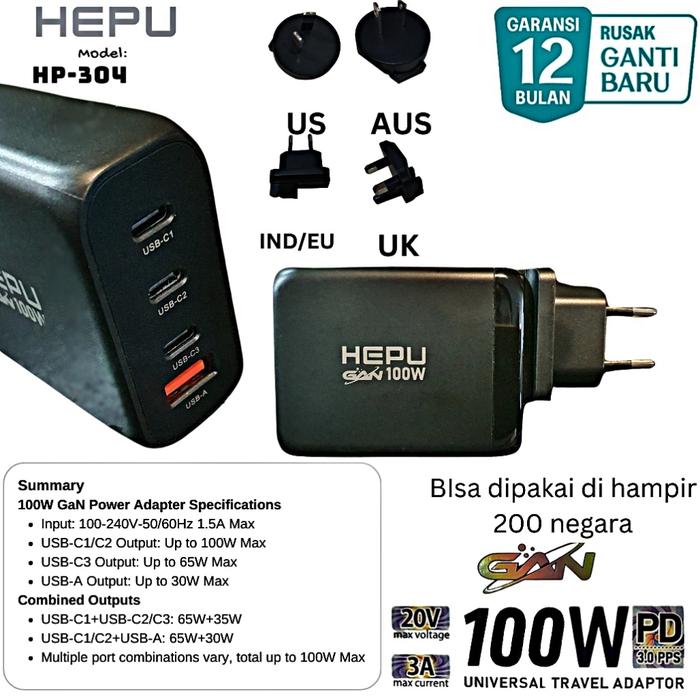 Gambar Universal Travel Charger Adapater Super Fast Charger  100 W HEPU HP-304 Gan PPs PD 3.0 QC 4+ SCP AFC - Putih dari Hepu Store undefined Tokopedia