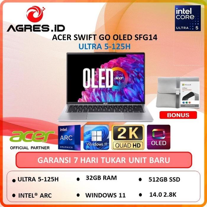 Gambar ACER SWIFT GO OLED SFG14 ULTRA 5 125H 32GB 512GB W11+OHS 14" 2.8K 90HZ - NON BUNDLE, WINDOWS 11 HOME dari AGRES ID undefined Tokopedia