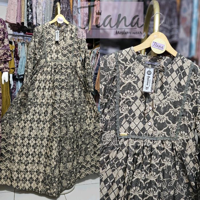 Gambar Baju Gamis Salvina Biba Bordir Kombinasi Renda Etnik Mewah - Motif Batik Cantik - Wanita, Standar, Panjang, Hitam, Brokat, Pesta - Grey B, standar dari Tiana store_NEW undefined Tokopedia