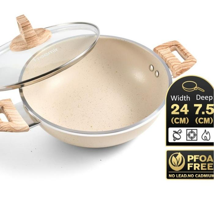 Gambar [PROMO] freemir Wajan Anti Lengket 24 cm Beige Lapisan Marble Anti Lengket  + Tutup Kaca Kitchenware Serbaguna dari freemir Jabodetabek undefined Tokopedia