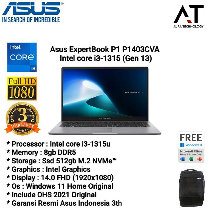 Gambar Asus Expertbook P1403CVA i3 1315U 8GB/16GB SSD 512GB UHD Graphics 14" FHD Windows 11 Home + OHS Resmi 3 Tahun dari aura technology undefined Tokopedia