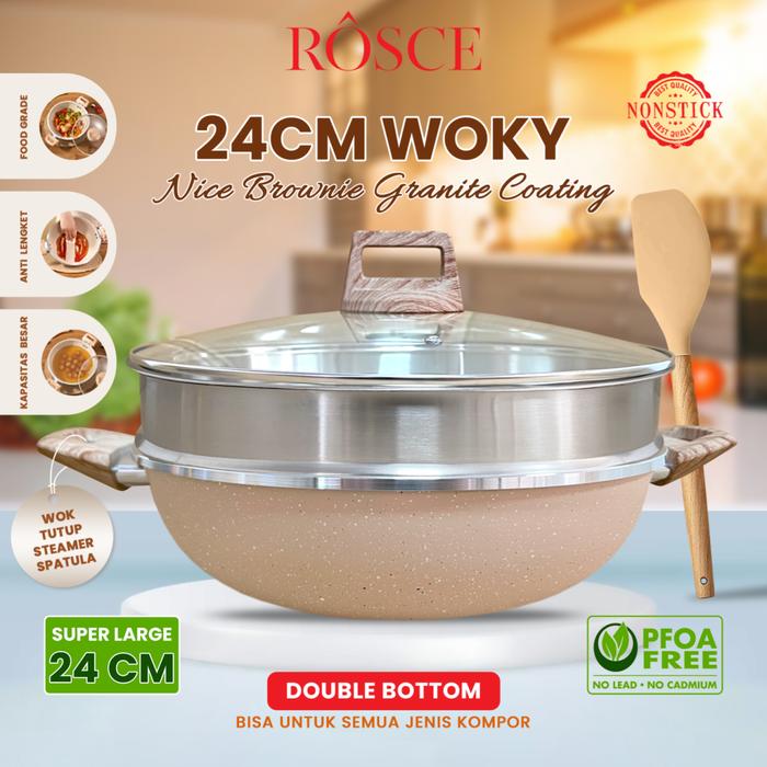 Gambar ROSCE WAJAN STEAMER 24CM Free scraper Panci woky wokpan anti lengket soft brown granit ALL STOVE Murah & Bagus dari Gohappy Store undefined Tokopedia