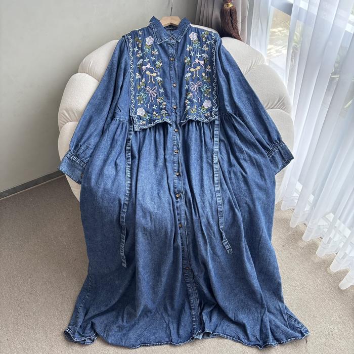 Gambar Gamis Jeans Jumbo Rompi Bordir Busui - Drees Jeans Long Maxi Mayung LD 106 - Snow dari CHLOE.ID OFFCIAL undefined Tokopedia