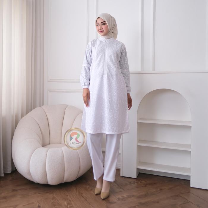 Gambar Setelan tunik Muslim Putih Bahan Katun Baju Perlengkapan Umroh Haji Wanita Celana Gamis Celana Gamis Panjang - M dari Raisma Muslim Wear undefined Tokopedia
