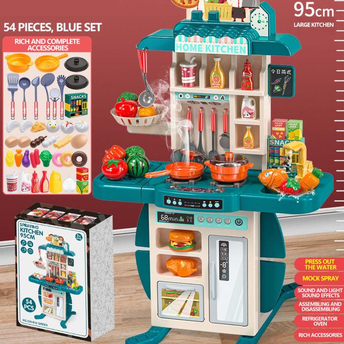 Gambar Mainan Dapur Besar 95cm dengan Simulasi Uap Realistis, Lampu dan Suara, Semprotan Air, Peralatan Masak Dapur, Peralatan, dan Mainan Memasak Rumah Tangga - Mainan Meja Makan Simulasi 54 Buah (Biru) dari YUNLEO.TOY undefined Tokopedia