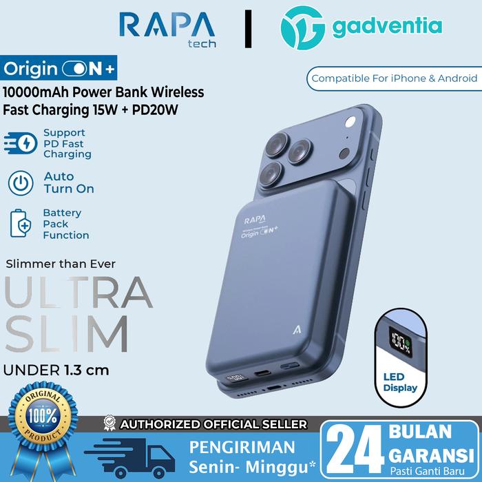 Gambar RAPAtech Origin ON+ Power Bank PD 20W + Wireless 15W LED Display 10000mAh For iPhone Android PB3033 - ON+ BLUE 10k LED dari GADVENTIA Kota Administrasi Jakarta Barat Tokopedia