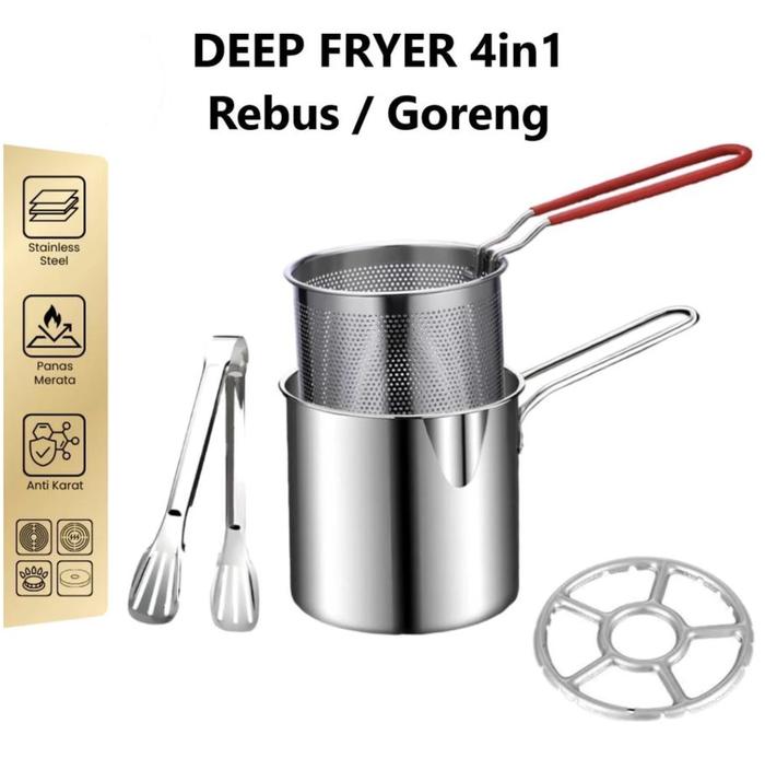 Gambar Deep Fryer 4 in 1 Multi Set Panci Penggorengan Rebus Stainless Steel Saringan + Capitan Klip Makanan dari Jakarta Agen Grosir undefined Tokopedia