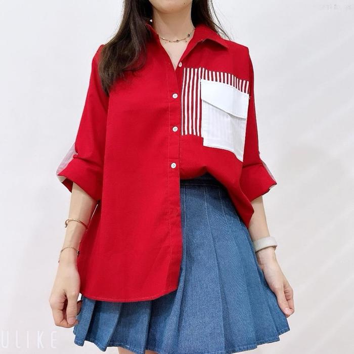 Gambar KEMEJA MERAH PUTIH EDISI 17 AGUSTUS COTTON PREMIUM | Atasan wanita bahan katun poplin edisi merah putih - Merah ( Pocket ), L dari YCL STYLE undefined Tokopedia