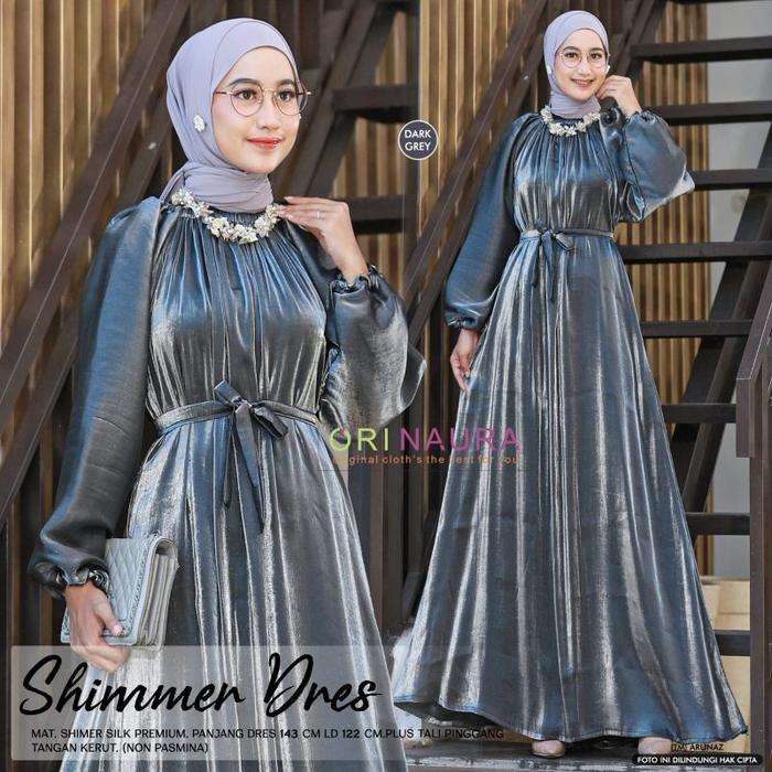 Gambar Shimmer Dress Baju Gamis Wanita Terbaru Bahan Cradenza Shimmer Silk Model Mewah Elegan Size Jumbo Muslim Remaja - Hitam, ALL SIZE (LD 120 CM-PJG 130CM) dari nadenstore undefined Tokopedia