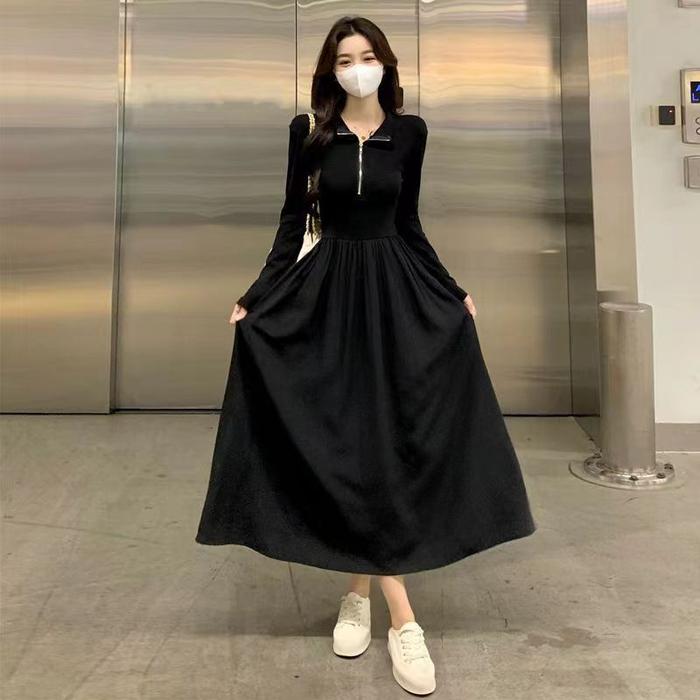 Gambar dress korean style natty girl dress hitam premium model new long zipper dress women sleeve flared maxi dress wanita - Hitam, S(45-50kg) dari kala.shop undefined Tokopedia