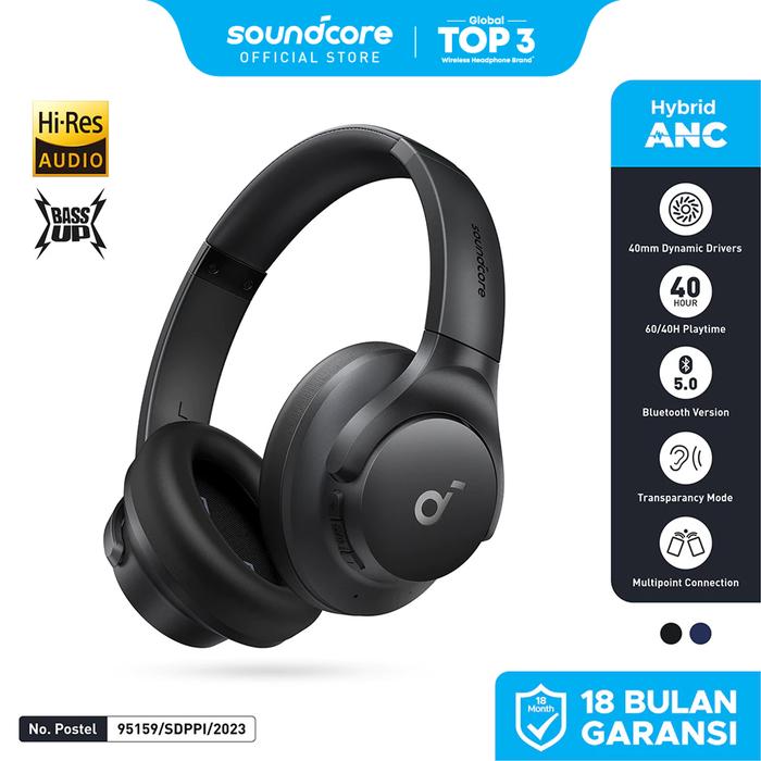 Gambar Soundcore by Anker Q20i Bluetooth Headphones with Mic Hi-Res Hybrid ANC Headset with Noise Cancelling Wireless Headphone Over-the-Ear Headphones - A3004 - Black dari Soundcore by Anker undefined Tokopedia