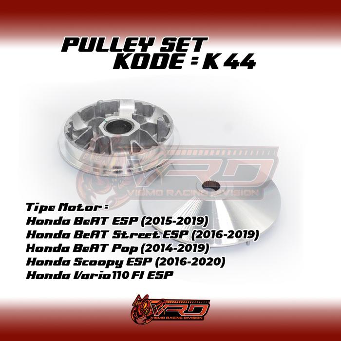 Gambar ET-04-K44 - PULLEY SET K44 CUSTOM BEAT/SCOOPY ESP Motor Motorcycle CVT MODIF BUBUT DERAJAT KEROK JALUR INTERLOCK rumah roller 14 - 14 Derajat, Keruk Halus Premium, Papas Kipas dari Vismo Racing Division undefined Tokopedia