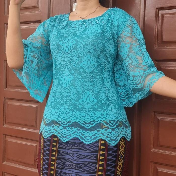 Gambar Blouse renda biasa leher petak tangan kalong Atasan - Toska, XL dari JS@Store undefined Tokopedia