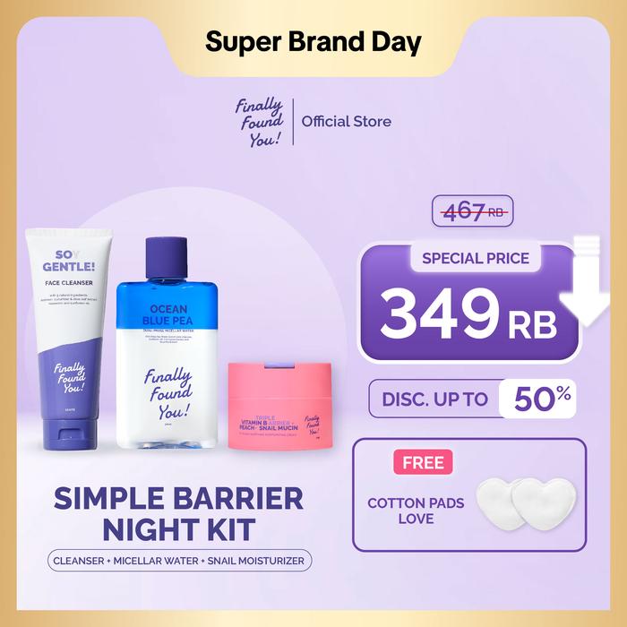 Gambar Finally Found You! Simple Barrier Night Kit: Ocean Blue Pea Micellar Water 300ml + Soy Gentle Face Cleanser 100mL + TRIPLE VITAMIN B-ARRIER + PEACH + SNAIL MUCIN Intensive Soothing Moisturizing Cream 50gr dari Finally Found You undefined Tokopedia