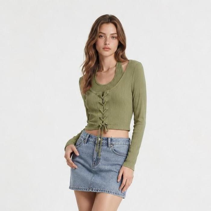 Gambar [Anniversary Picks] Atasan Wanita Halter Crop Lengan Panjang Hijau Army 609B - MEIN - Hijau Tentara, S dari MEIN Indonesia Kab. Tangerang Tokopedia