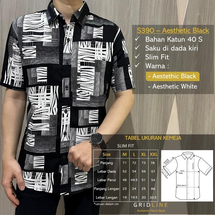 Gambar [GRIDLINE Print Series 2] - Kemeja Print Pria Lengan Pendek Slimfit FULL KATUN 40s Modern Elegan Casual Stylish Nyaman Adem Tebal Simpel Terbaru Best Seller Premium Kantor Motif Kerah Baju Kain - S390-Aesthetic Black, M dari Gridline Store_NEW undefined Tokopedia