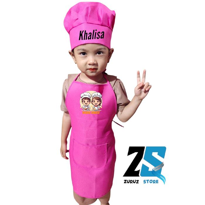 Gambar Set Apron Anak Sablon Nama - Bayi, Cocok untuk Cooking Class dan Market Day - Fashion - Pink Fanta, Pake Nama dari zurus store 02 undefined Tokopedia