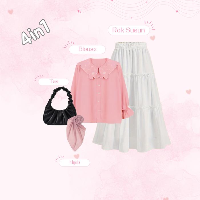 Gambar Setelan outfit Remaja Wanita 4In1 Blouse Vuza Kerah Bunga - Rok Susun - Hijab Dusty Pink - Tas Hitam OOTD Ngampus one Set korean Hangout style AM094M Muslim Katun - 4IN1 dari Aloura Wear undefined Tokopedia