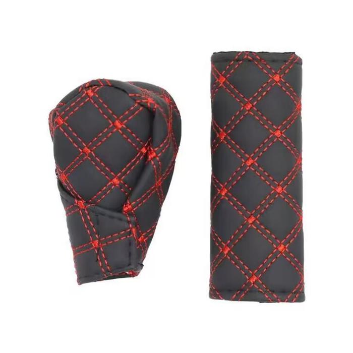 Gambar Cover kulit tuas persneling gigi + rem tangan 2 in 1 handle brake aksesoris interior mobil - Baris Merah Hitam dari Bent.id undefined Tokopedia