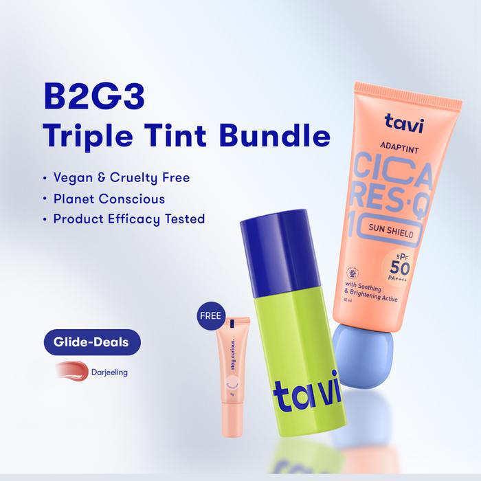 Gambar TAVI Triple Tint Bundle B2G3 - TAVI CICA RES-Q10 AdapTint SunShield + TAVI Gel to Oil Staining LipGlide Free TAVI FaceTint Sunset Nectar - Sunscreen - Skintint - Liptint - Facetint -  Cocok untuk Semua Undertone - Tint+Darjeeling dari Tavi undefined Tokopedia