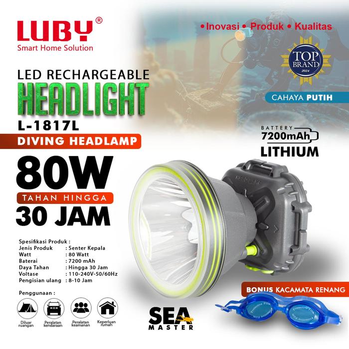 Gambar Luby Senter Kepala Selam Jumbo LED L-1817L 80 Watt Water Resistant Dimmer Tahan 30 Jam Baterai Lithium 7200mAh - PUTIH dari Rumah Senter undefined Tokopedia