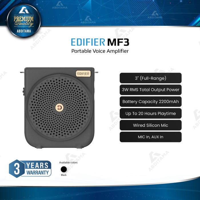 Gambar Speaker EDIFIER MF3 Portable Voice Amplifier Bluetooth Speaker RMS 3W Jernih & Anti-Feedback Waktu Pakai hingga 20 Jam Mikrofon Sensitif dengan Pick-up Presisi Desain Ringan & Fleksibel untuk Pemakaian Indoor & Outdoor - Black dari Abditama Official undefined Tokopedia