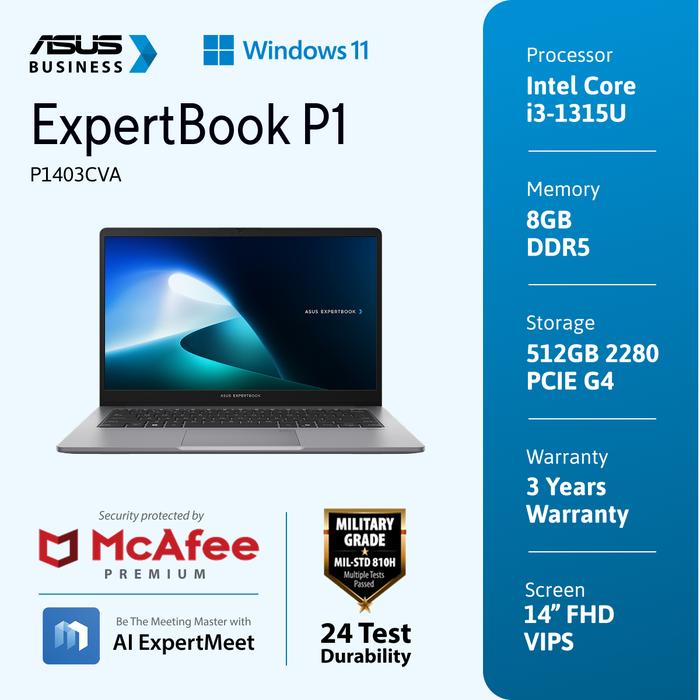 Gambar Asus ExpertBook P1403CVA-S63850WS [i3-1315U|RAM 8GB|SSD 512GB|Win11|OHS24+365] dari megacom.id undefined Tokopedia